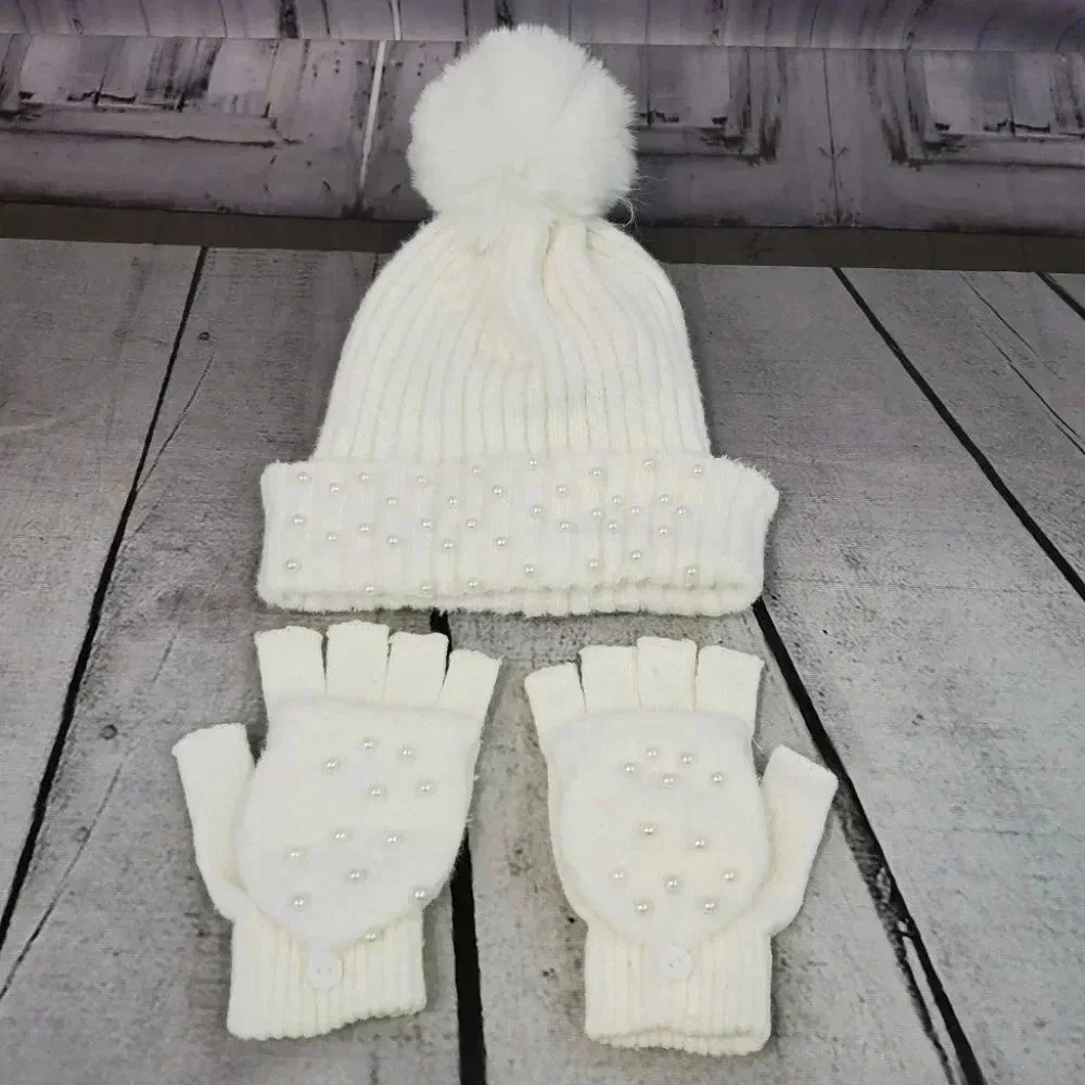 White Knit hat with Super Pom and Faux Pearl Accents Hat and Fingerles Glove set